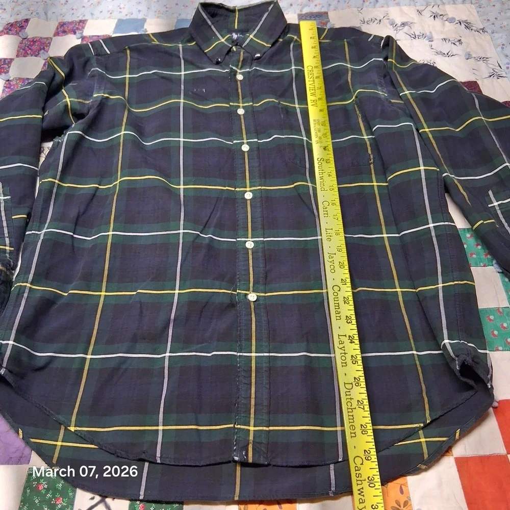 VTG‎ Polo by Ralph Lauren Big Shirt Blue and Green Plaid Size Medium Distressed